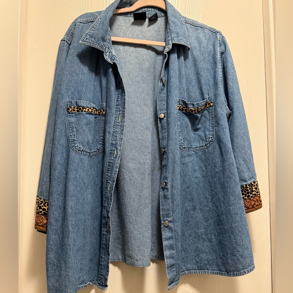 Denim Jacket with Leopard Print Accents